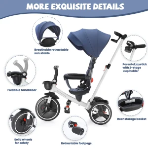 Hopfällbar barntricycle med justerbart föräldrahållhandtag, hjulbroms, avtagbar huva, ryggstöd och säkerhetssele