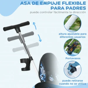 Trehjuling för barn från 12 månader med fällbar huva, avtagbart teleskophandtag och flaskhållare – Blå/Vit