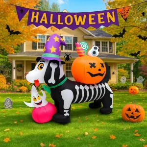5 fot Halloween Uppblåsbart Skelett-Hund med Pumpor och LED-ljus