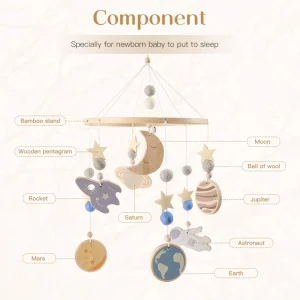 Träbabymobil för sängen – rattlar och musik i boho-stil för bebis 0–12 månader