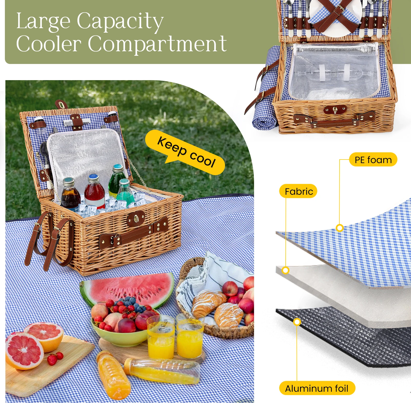 Rottingpicknickkorgsset för 4 personer med kylfack, vattentätt picknickfilt, avtagbar rem, vinflaskväska och bestickset 2 Rottingpicknickkorgsset för 4 personer med kylfack, vattentätt picknickfilt, avtagbar rem, vinflaskväska och bestickset - Bild 2