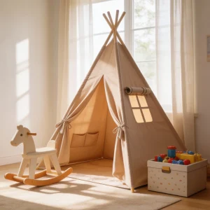 Hopfällbart teepee-tält för lek och övernattning – inomhus och utomhus, med fyra trästänger