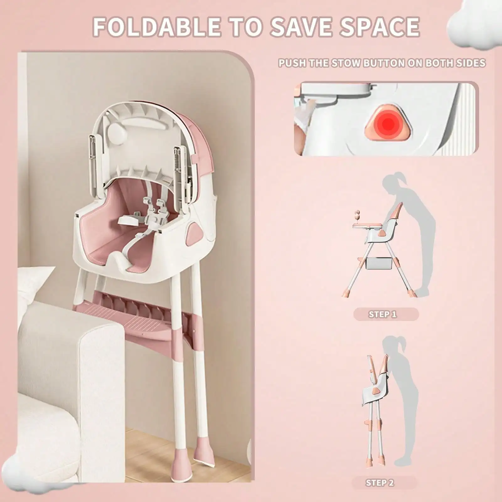 Barnstol 3 i 1 – Hopfällbar och justerbar matstol med avtagbar bricka, säkerhetsbälte, fotstöd och hjul 4 Barnstol 3 i 1 – Hopfällbar och justerbar matstol med avtagbar bricka, säkerhetsbälte, fotstöd och hjul - Bild 4