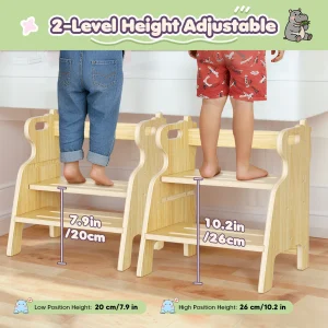 Trästegstol för barn med två steg, halkfri yta och handtag, maxbelastning 50 kg, för kök och badrum, från cirka 3 år