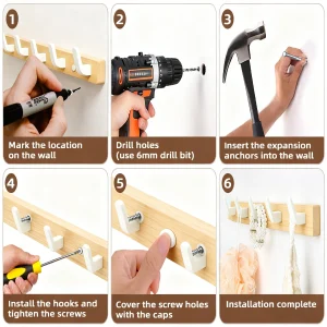 Valnötsträ Väggmonterade Hallhakar – Rustika Hakar för Kappor, Hattar, Väskor och Nycklar