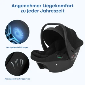 Svart bilbarnstol med Isofix-basstation, I-Size, UPF45+ solskydd och andningsbar mesh