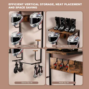 Väggmonterat hjälmförvaringsställ med fyra krokar för handskar och utrustning