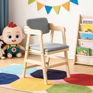 Höjdjusterbar barnstol i trä (furu) för 3–15 år, för måltider och lärande, vuxenstol, färger: beige, svart, rosa, grå