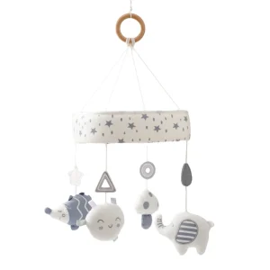 Träbabymobil för sängen – rattlar och musik i boho-stil för bebis 0–12 månader