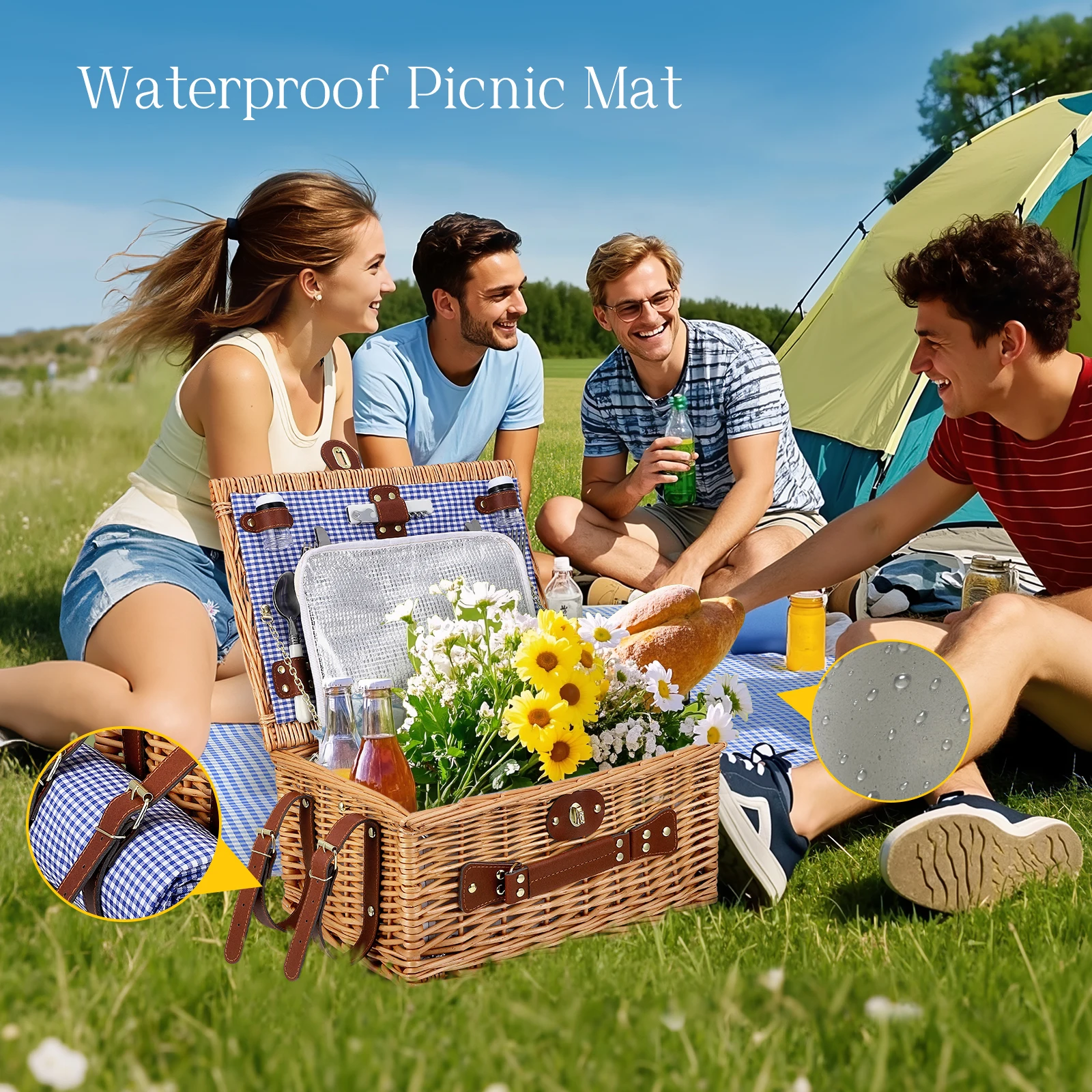 Rottingpicknickkorgsset för 4 personer med kylfack, vattentätt picknickfilt, avtagbar rem, vinflaskväska och bestickset 5 Rottingpicknickkorgsset för 4 personer med kylfack, vattentätt picknickfilt, avtagbar rem, vinflaskväska och bestickset - Bild 5