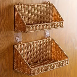 Rustik väggmonterad korg med krokar – flätad rottingförvaringskorg för badrum, kök, sovrum och vardagsrum