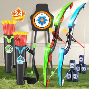 Båg- och pilset för barn med LED-ljus – sugpilset, mål och pilförvaring (ålder 4–12 år)
