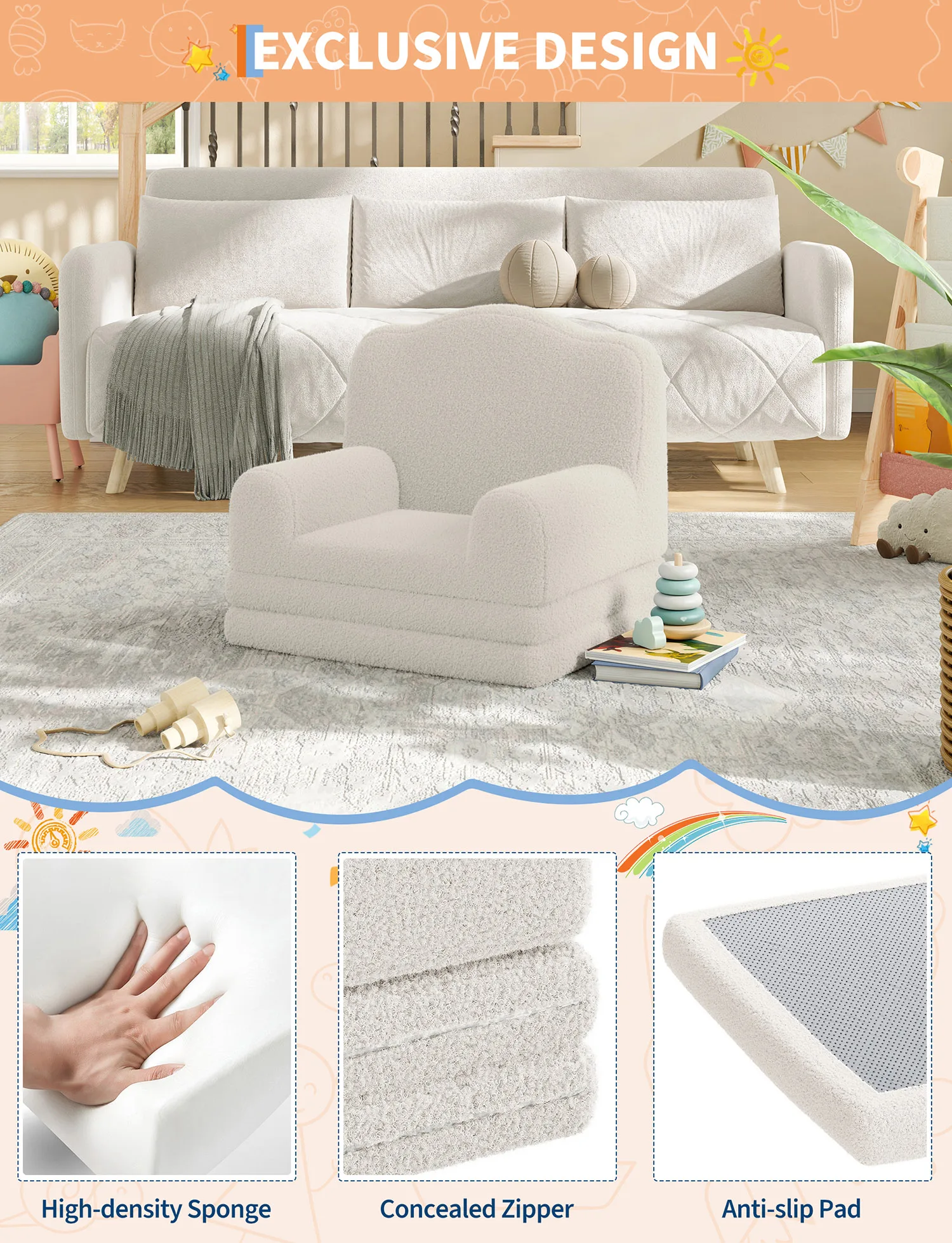 Barnlässoffa i Sherpa – omvandlingsbar barnsoffa och utfällbar säng med tvättbart överdrag, kronformad design 4 Barnlässoffa i Sherpa – omvandlingsbar barnsoffa och utfällbar säng med tvättbart överdrag, kronformad design - Bild 4