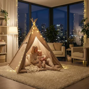 Hopfällbart teepee-tält för lek och övernattning – inomhus och utomhus, med fyra trästänger