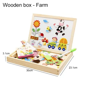 Träleksak för barn – Multifunktionell djurpussel och ritbräda med magnetisk skrivyta