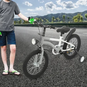 Barncykel 16 tum — högkolstål, stödhjul och LED-lampa, höjdjusterbar (5–8 år)