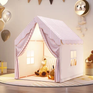 Alternative view of Utomhuslekstält – Husformat prinsess-tält i rosa gingham, pastelldesign
