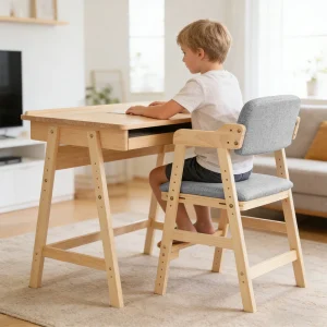 Höjdjusterbar barnstol i trä (furu) för 3–15 år, för måltider och lärande, vuxenstol, färger: beige, svart, rosa, grå