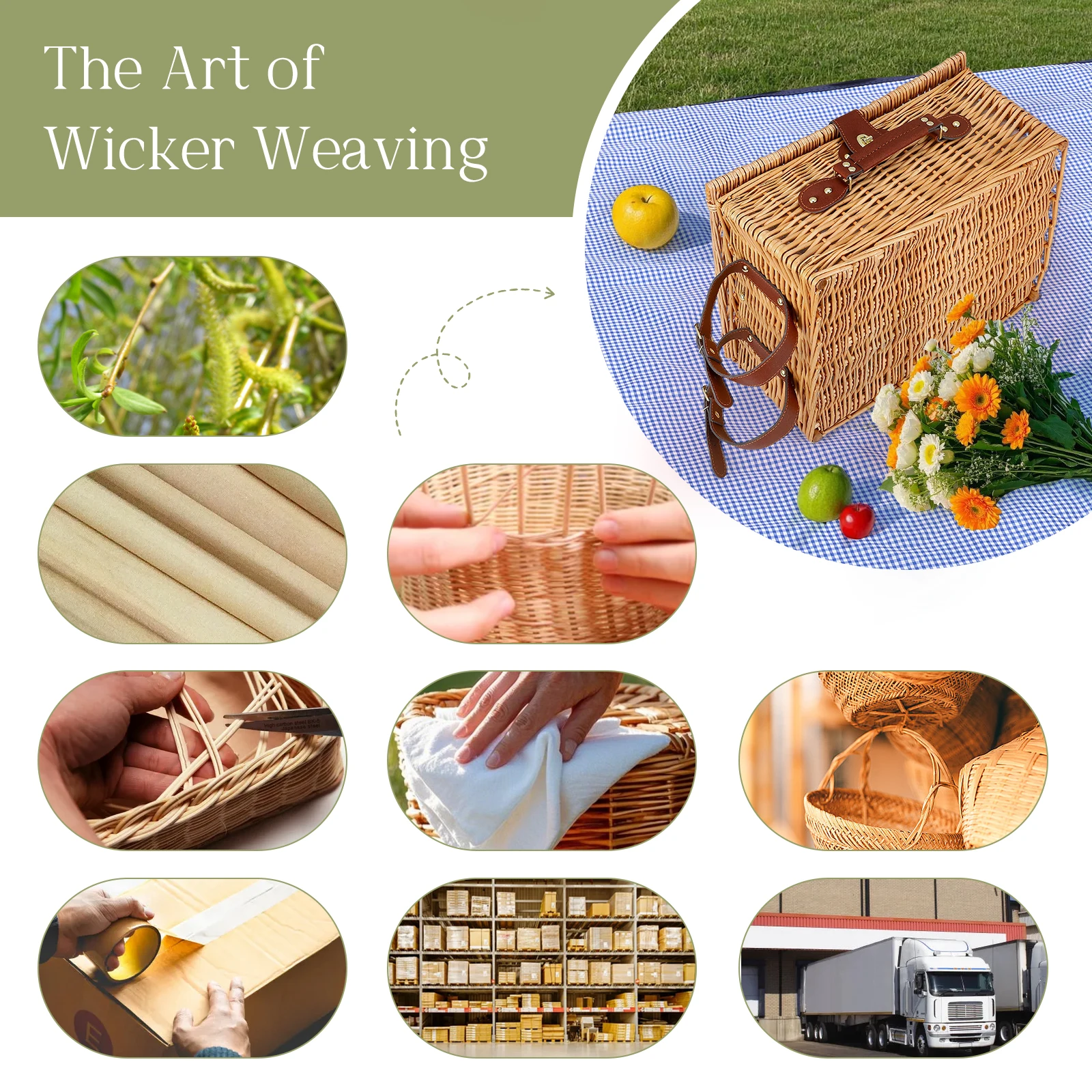 Rottingpicknickkorgsset för 4 personer med kylfack, vattentätt picknickfilt, avtagbar rem, vinflaskväska och bestickset 3 Rottingpicknickkorgsset för 4 personer med kylfack, vattentätt picknickfilt, avtagbar rem, vinflaskväska och bestickset - Bild 3