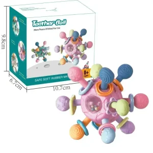 Silikonteether Babyleksak 0–36 månader – Roterande rasselboll för grepp och sensorik