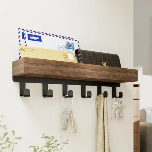 Rustic Wooden Key Holder with 6 Hooks Storage Tray Easy Install Wall-Mounted Organizer for Keys Mail and More for Bedroom Office