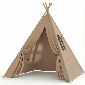 Hopfällbart teepee-tält för lek och övernattning – inomhus och utomhus, med fyra trästänger