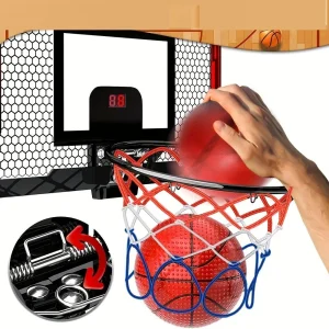 1-set inomhusbasket för barn – över dörren, mini-hoop med elektronisk poängtavla, pump och 2 bollar