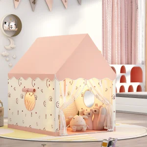 Barnens lek-tält i pastellfärg – husformat tyg-tält, hopfällbart och portabelt lekhus