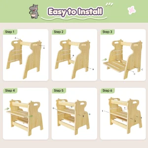 Trästegstol för barn med två steg, halkfri yta och handtag, maxbelastning 50 kg, för kök och badrum, från cirka 3 år