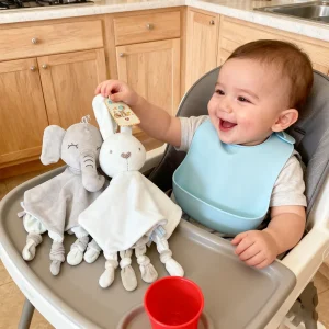 Babyleksak: Elefant i plysch med tandring, skallra och mjuk filt – gosedjur 0–12 månader