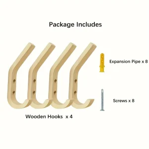 4 stycken träkrokar för vägg – naturlig ek, dekorativa vintage träkrokar