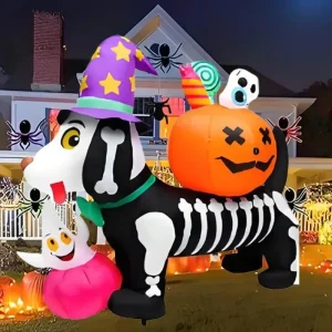 5 fot Halloween Uppblåsbart Skelett-Hund med Pumpor och LED-ljus