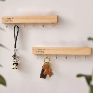 Väggmonterad nyckelförvaring för entré – solid trä med borrade krokar, dekorativ organiserare för dörröppning och hall