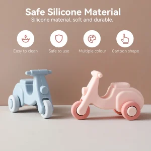 Bebisleksak: Montessori-silikonbil 0–12 månader – 4-i-1 fordon (sopbil, ambulans, brandbil, dumpbil)