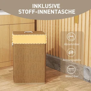 72 L brun bambu tvättkorg med lock och avtagbar tygpåse, rep-handtag