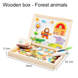 Träleksak för barn – Multifunktionell djurpussel och ritbräda med magnetisk skrivyta