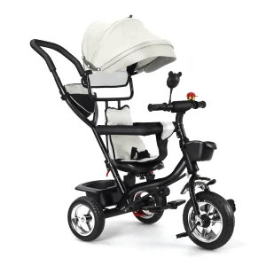 Barntrike med vändbar sits och föräldrastyrt handtag – ålder 1–5 år, färger grön, rosa, svart, röd, blå och grå