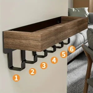 Rustik tränyckelhållare med 6 krokar och förvaringshylla – Väggmonterad organiserare för nycklar, post och mer