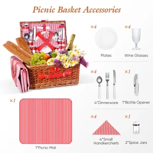 Lyxig picknickkorg för 4 personer i rotting med komplett set: picknickmatta, kryddburkar, bestick, vinglas och flasköppnare 13 Lyxig picknickkorg för 4 personer i rotting med komplett set: picknickmatta, kryddburkar, bestick, vinglas och flasköppnare