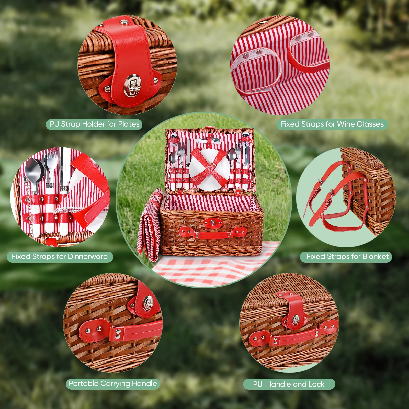Lyxig picknickkorg för 4 personer i rotting med komplett set: picknickmatta, kryddburkar, bestick, vinglas och flasköppnare 6 Lyxig picknickkorg för 4 personer i rotting med komplett set: picknickmatta, kryddburkar, bestick, vinglas och flasköppnare - Bild 6