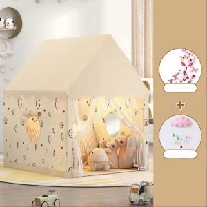 Prinsess-tält för barn i sagostil rosa beige Cottage-stil lek-tält med moln- och fjärildekor