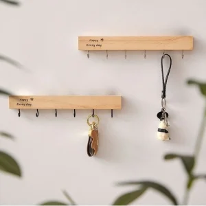 Väggmonterad nyckelförvaring för entré – solid trä med borrade krokar, dekorativ organiserare för dörröppning och hall