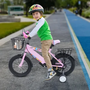 14-tums barncykel med stödhjul och justerbar sadel – högkolstålram, 3–6 år