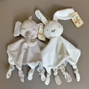 Babyleksak: Elefant i plysch med tandring, skallra och mjuk filt – gosedjur 0–12 månader
