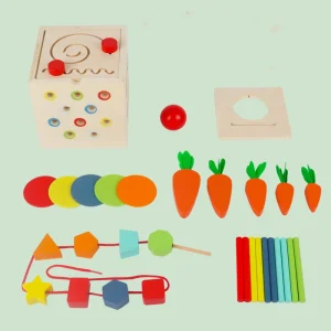 Montessori-inspirerad träleksak för matematik: pärltrådslabyrint, rullbana och abakus