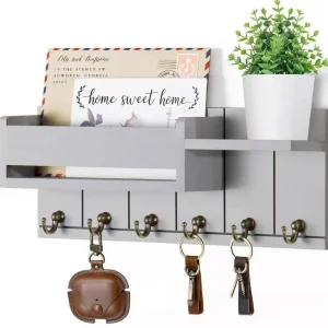 Dekorativt nyckelrack och postförvaring – väggmonterad med 6 nyckelhakar i rustik trä