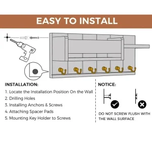 Dekorativt nyckelrack och postförvaring – väggmonterad med 6 nyckelhakar i rustik trä