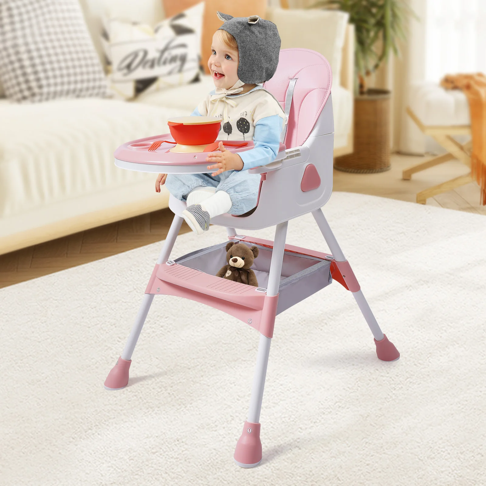 Fällbar barnstol 2-i-1 för måltider och lek, justerbar höjd, med 1-set livsmedelsklass PP-bestick för 6 månader–6 år 1 Fällbar barnstol 2-i-1 för måltider och lek, justerbar höjd, med 1-set livsmedelsklass PP-bestick för 6 månader–6 år