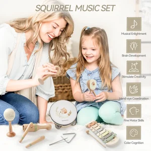 Träleksak Montessori – rassel och perkussionsinstrument med ekorre-motiv