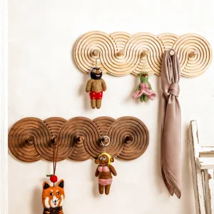 Boho Wooden Wall Hooks Art Spiral Pattern Multi-Hook Rack Decorative Coat&Key Hanger for Entryway&Bedroom Functional Home Decor